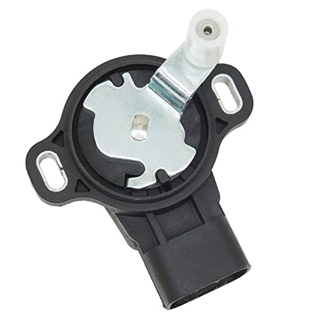 Throttle position sensor close-up with metal arm, black base, and mounting holes
