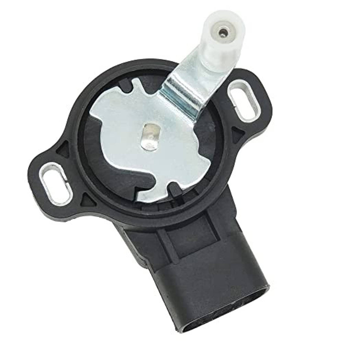Throttle position sensor close-up with metal arm, black base, and mounting holes