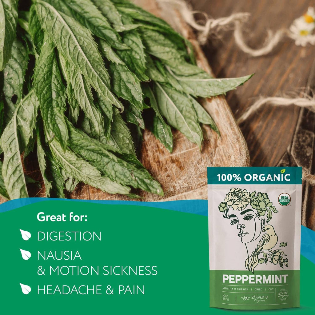 Organic peppermint tea pouch with green herbal benefits panel