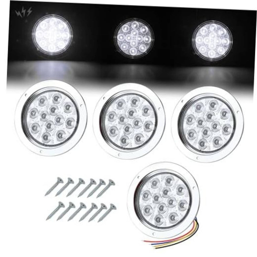 White 4-inch LED strobe trailer tail lights set with mounting screws and wire leads.