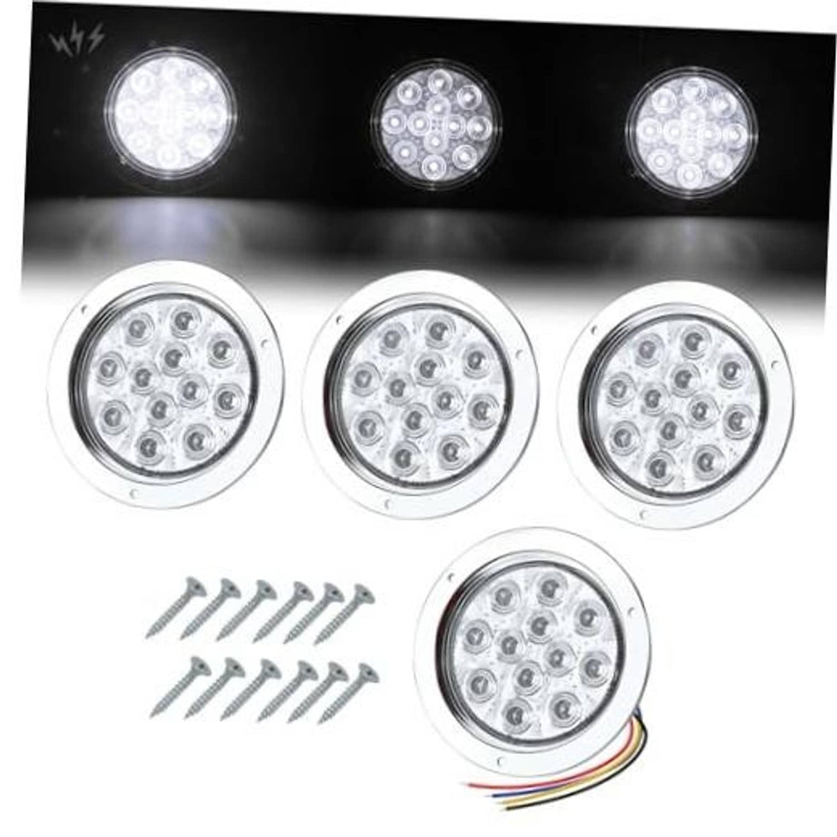 White 4-inch LED strobe trailer tail lights set with mounting screws and wire leads.