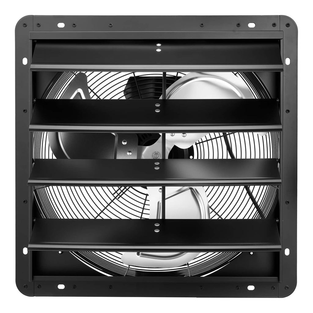 Wall-mount shutter exhaust fan with black steel frame and louvered fan guards