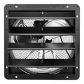 Wall-mount shutter exhaust fan with black steel frame and louvered fan guards