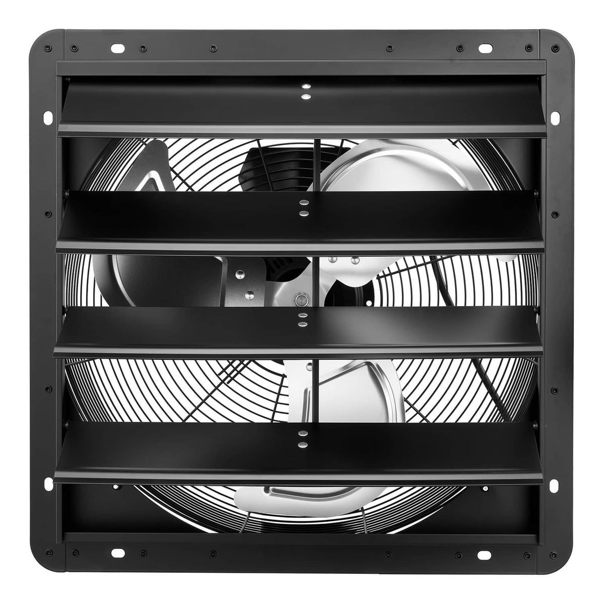 Wall-mount shutter exhaust fan with black steel frame and louvered fan guards