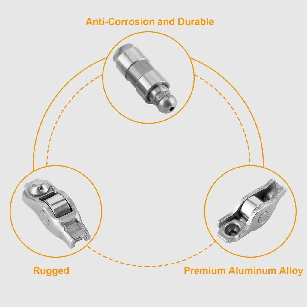 Rocker arms and valve lifters kit shown with close-up callouts of individual parts