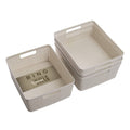 Medium natural woven plastic storage basket pair, open-top square design with cutout handles