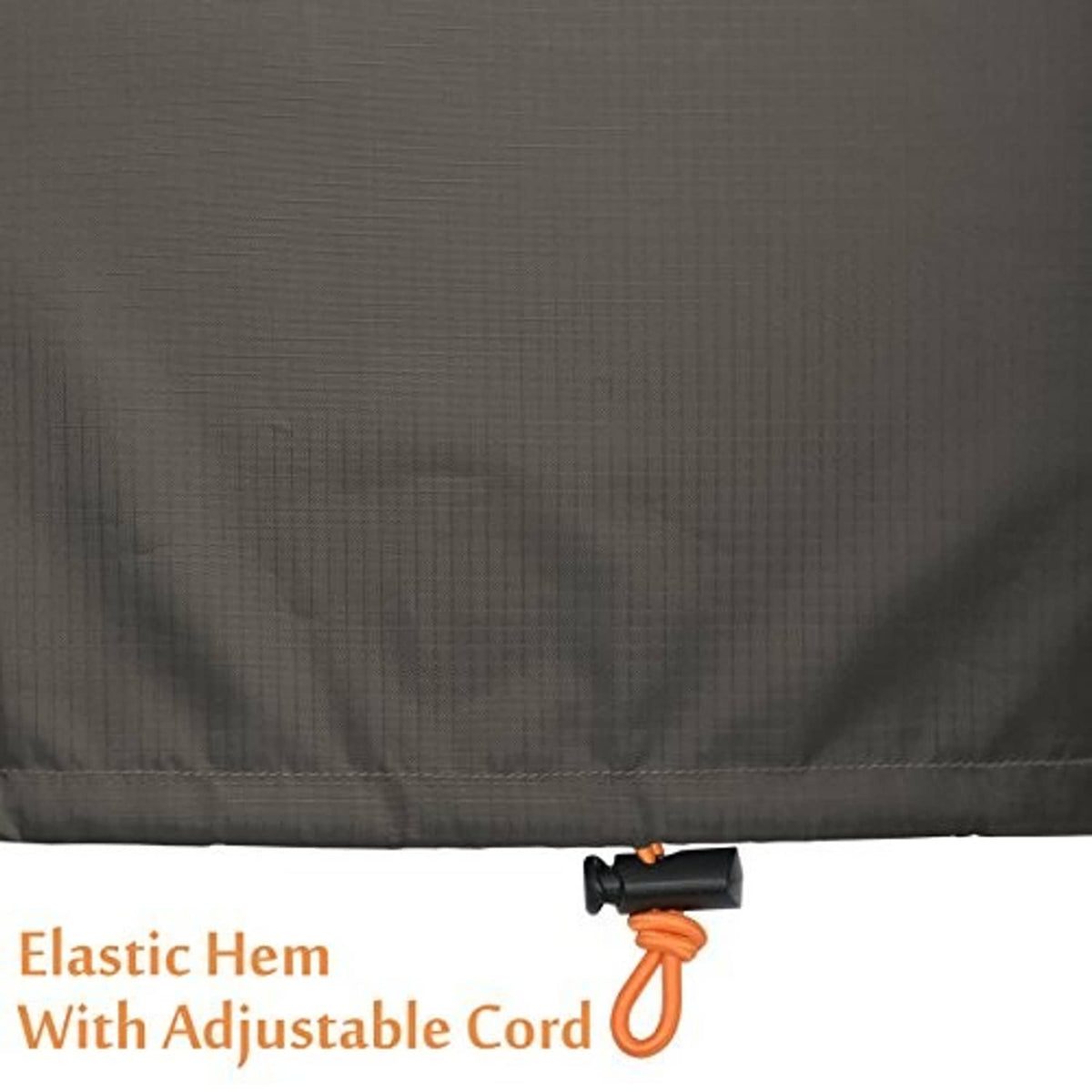 Brown outdoor AC cover with elastic hem and adjustable cord at the bottom edge.