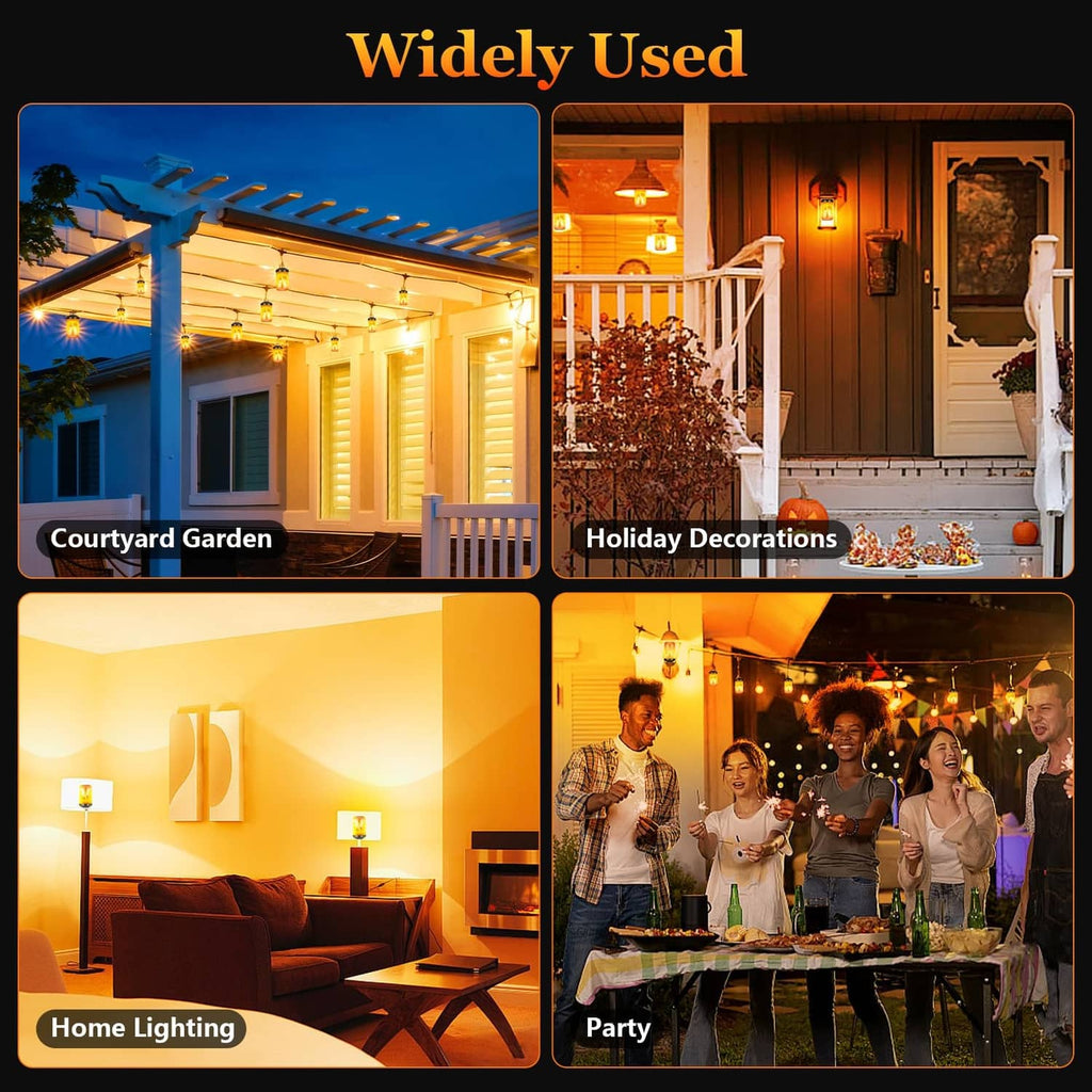 LED flame light bulbs shown in home and party lighting scenes with warm flicker glow