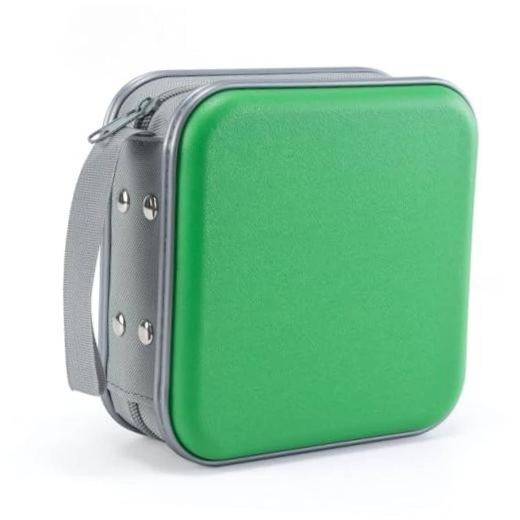 Green hard plastic DVD/CD case with zipper and gray carry strap