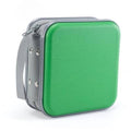 Green hard plastic DVD/CD case with zipper and gray carry strap