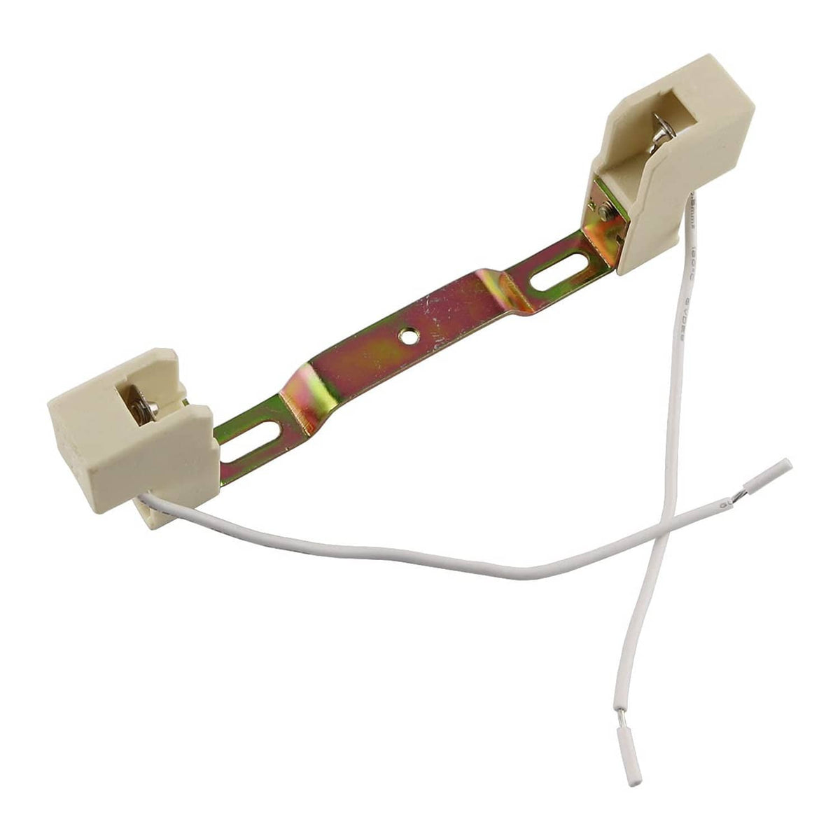 Beige ceramic R7S lamp socket with metal strap, wiring leads, and spring contact
