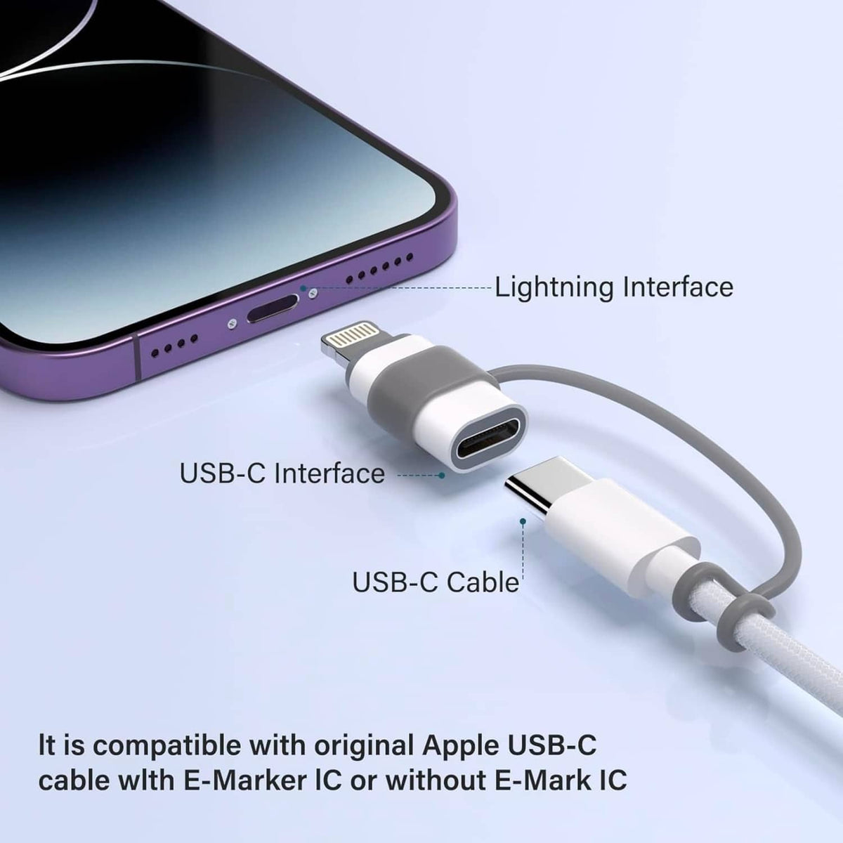 Close-up white USB-C female to Lightning male adapter with gray connector housing