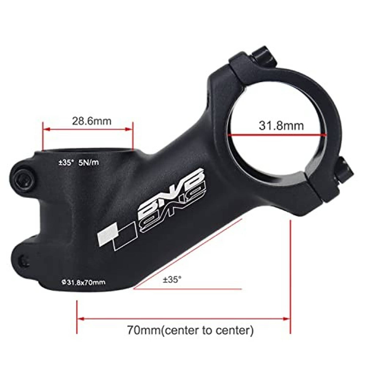 Black 35° bike handlebar riser stem with dimension guides: 70mm center-to-center