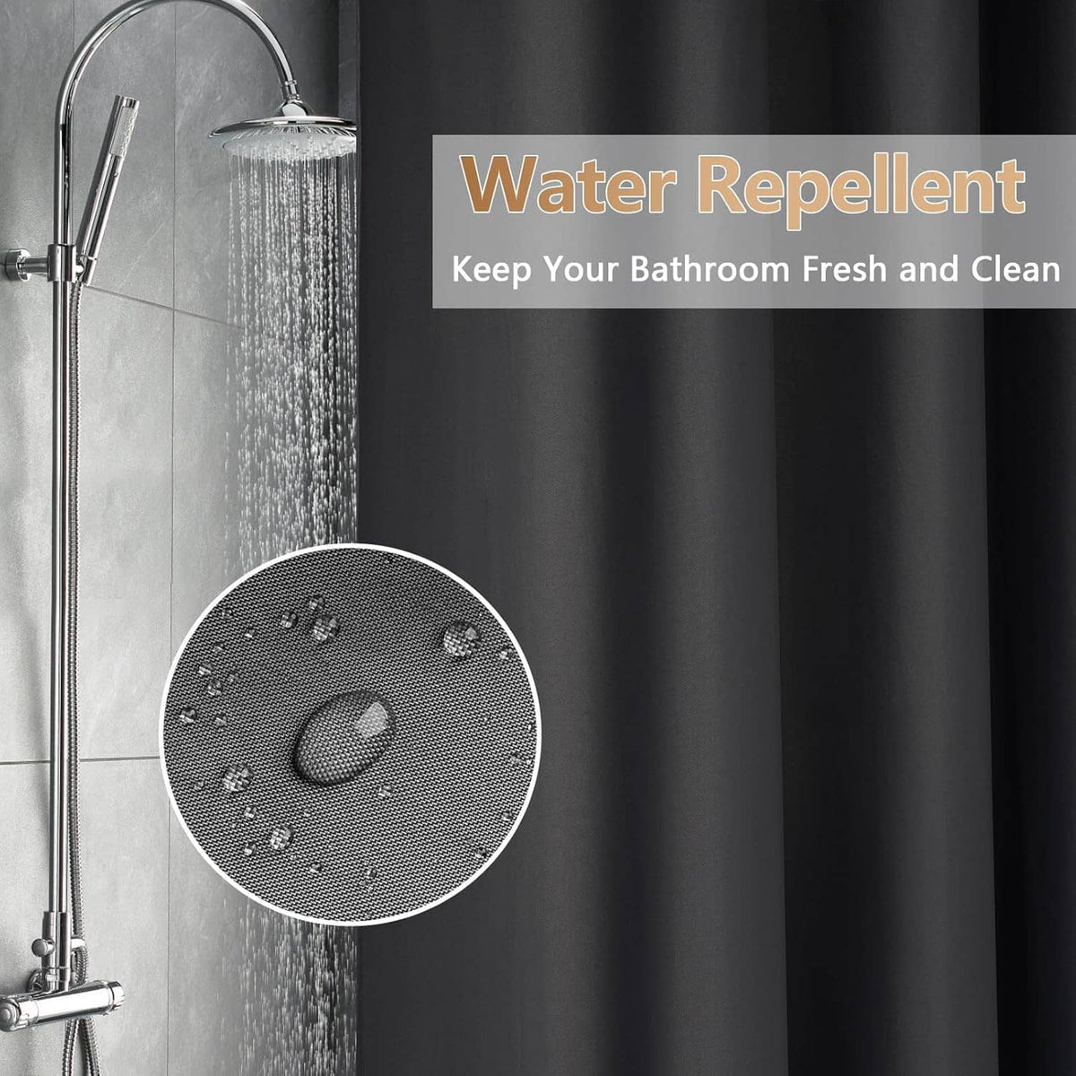 Charcoal gray waterproof shower curtain liner with large water-shedding magnet disk