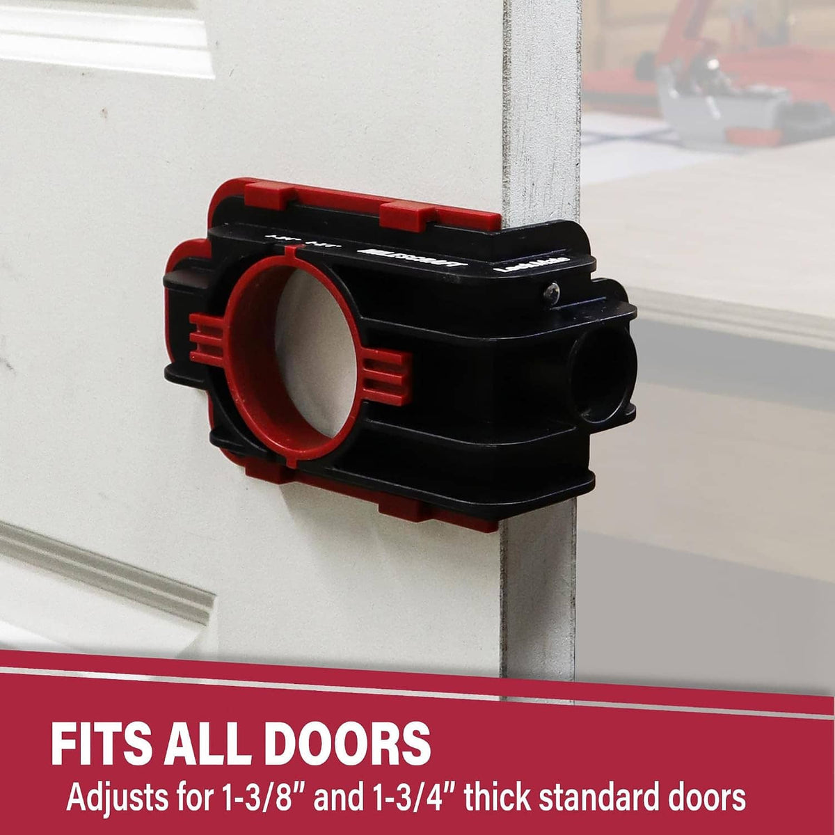 Door lock installation jig clamped to a metal door frame, centered for drilling
