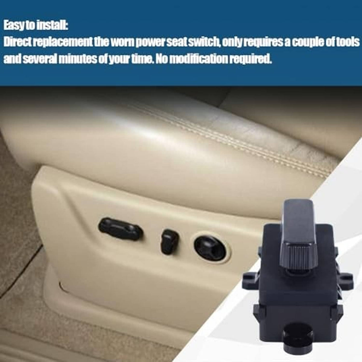 Power seat adjustment switch installed near beige seat controls on door panel
