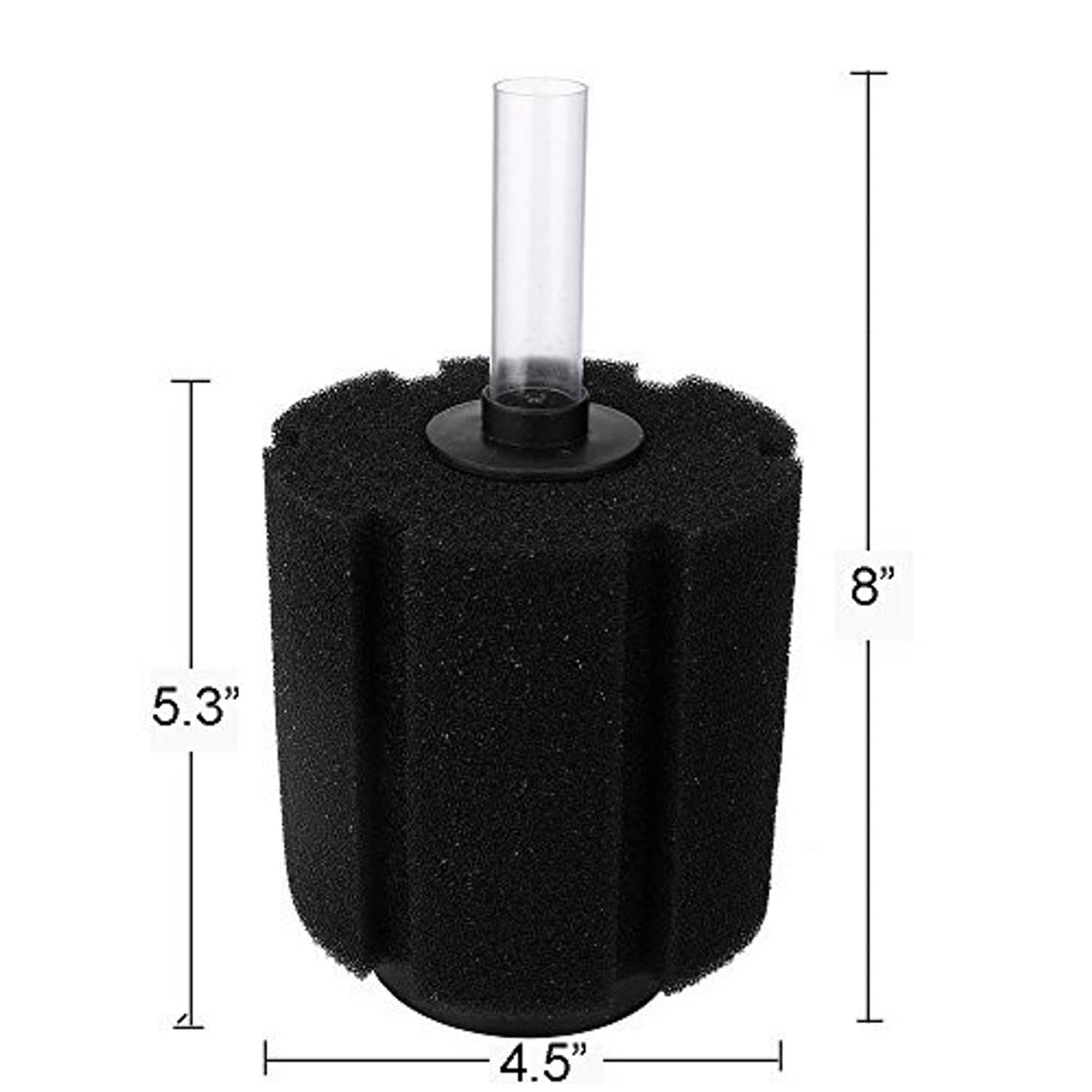 Black cylindrical sponge filter with 8 in lift tube and 4.5 in base
