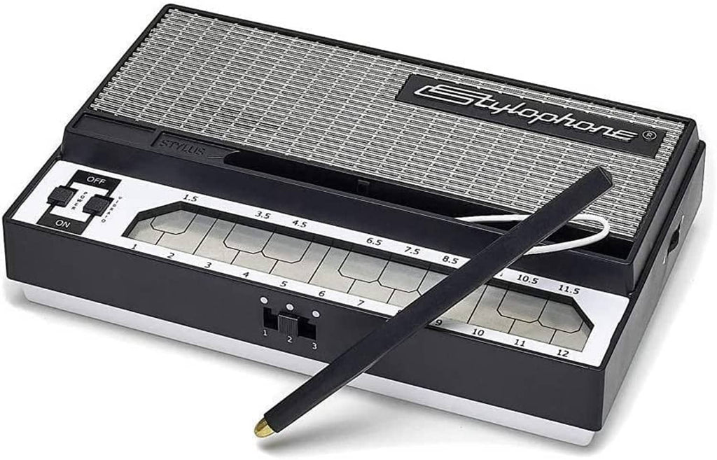 Black Stylophone pocket electronic synthesizer with tone grid and control buttons