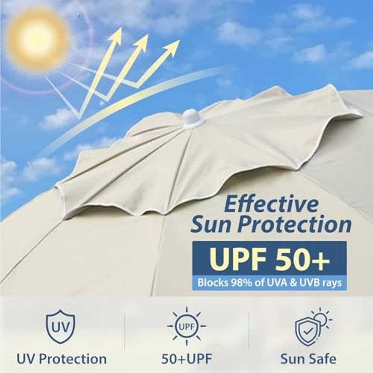 Beige umbrella canopy with UPF 50+ sun protection design