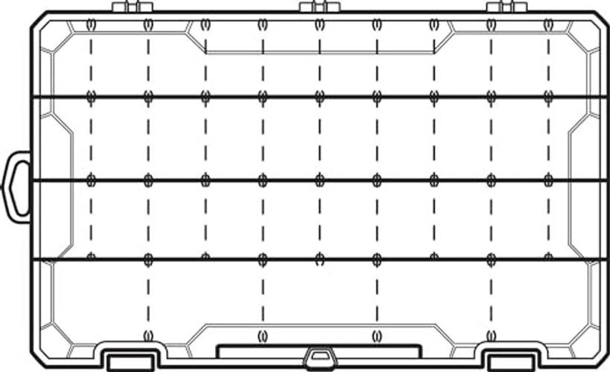 Tackle box interior diagram with divider rows and latch areas