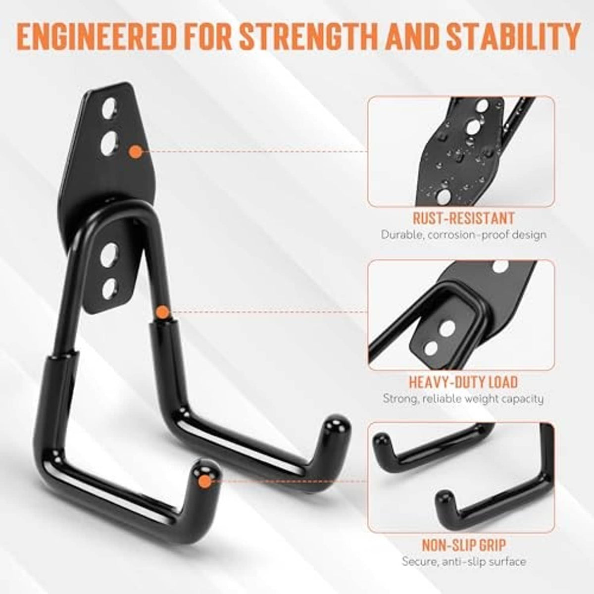 Black heavy-duty garage hook with anti-slip grips and two-bolt mounting plates