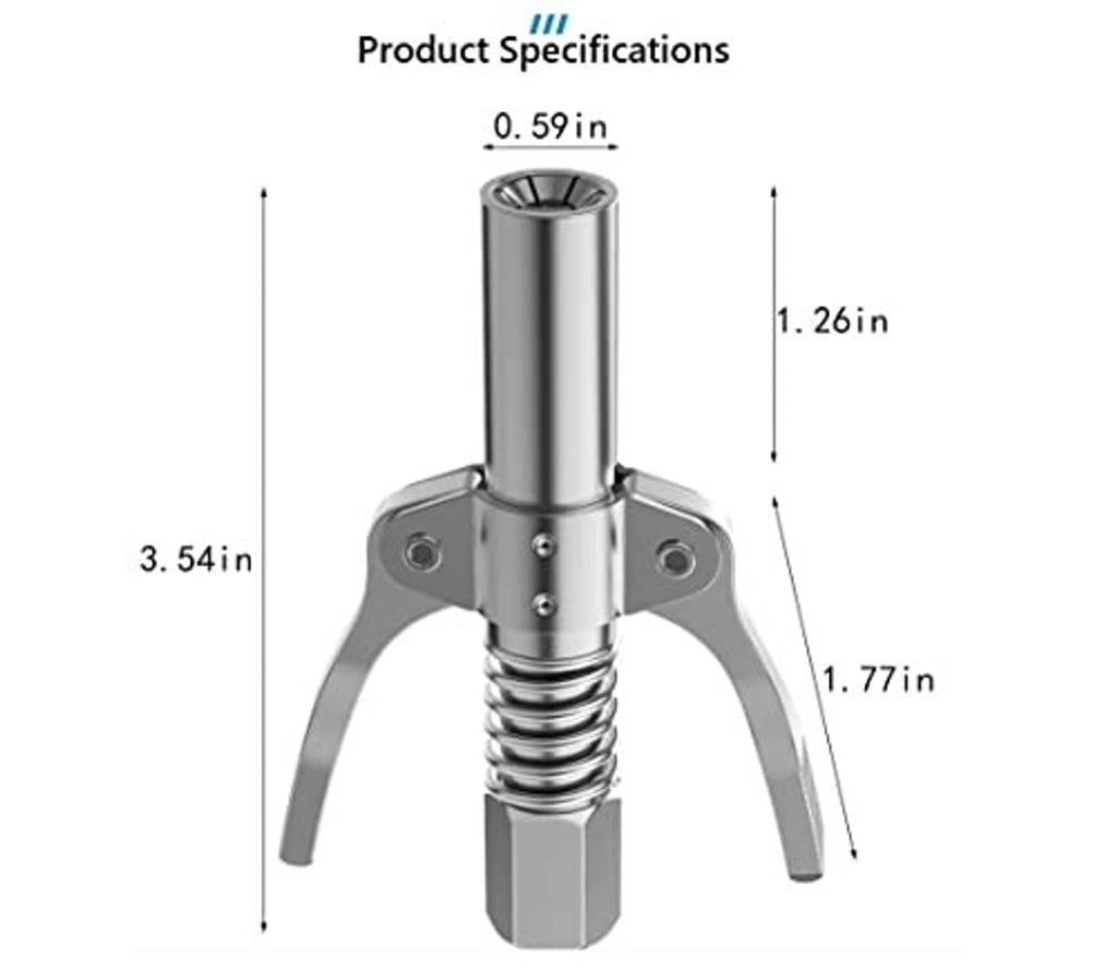 Grease gun coupler with spring-loaded grip and metal locking fork, shown upright