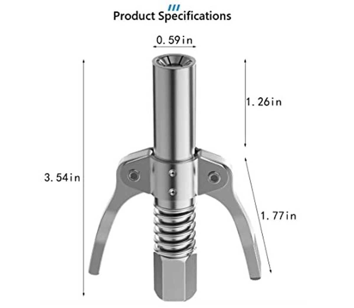 Grease gun coupler with spring-loaded grip and metal locking fork, shown upright