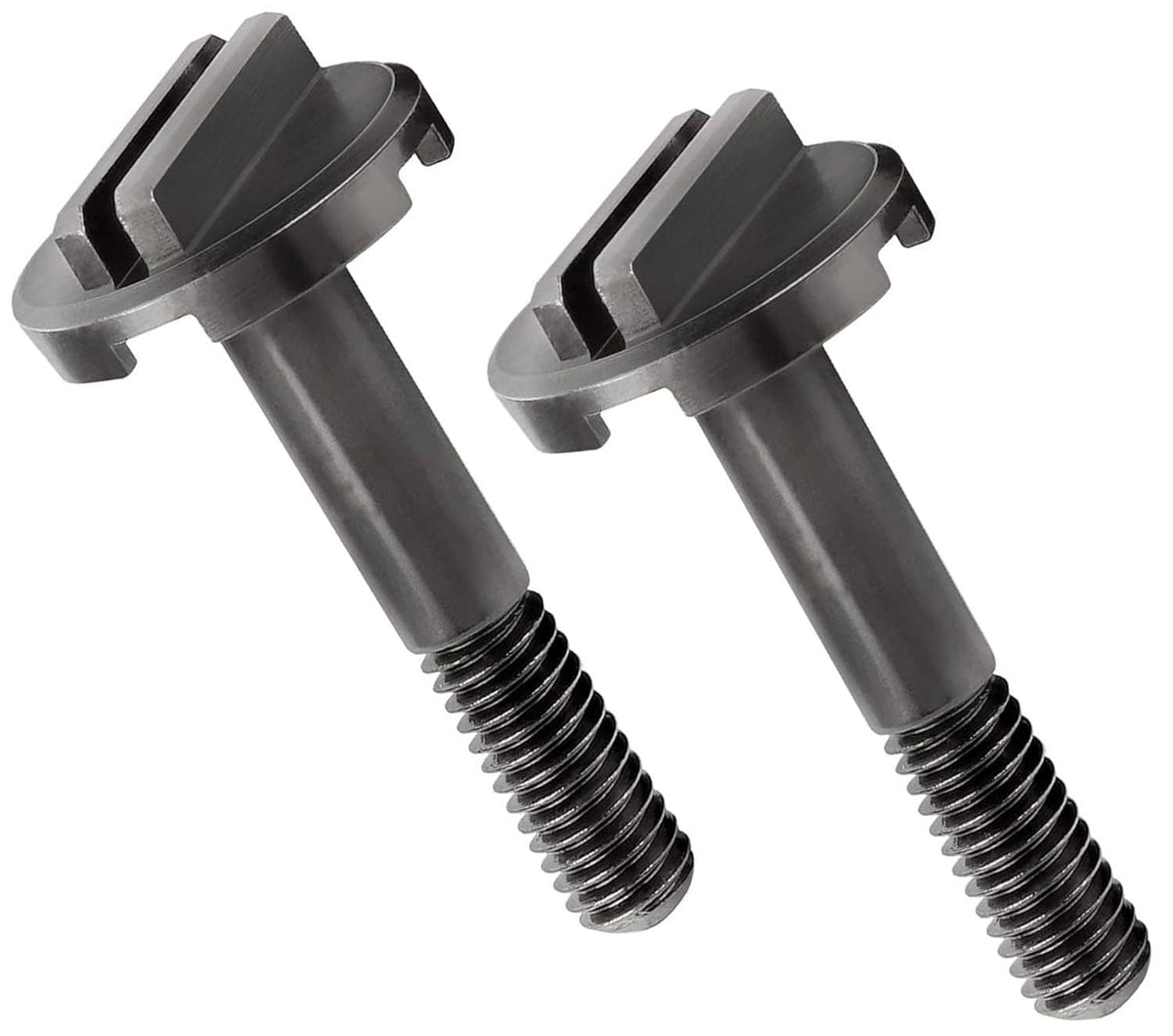 Blade backing pad screw pair, dark-head screws with threaded shanks for mounting.