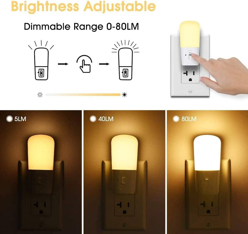 Dimmable LED night light showing brightness levels from low to high