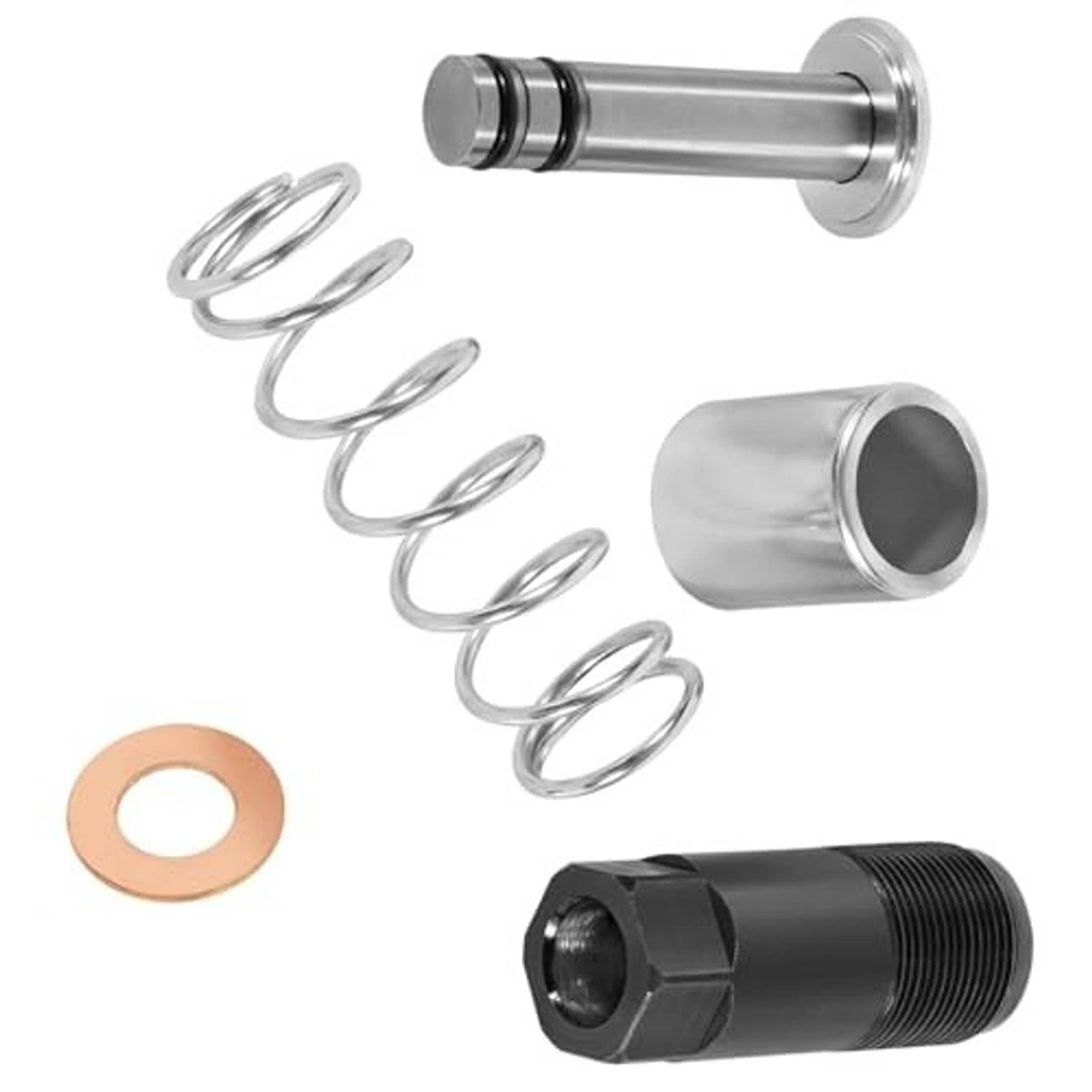 Pump piston replacement kit with coiled spring, metal cylinder, plunger rod, washer, black housing