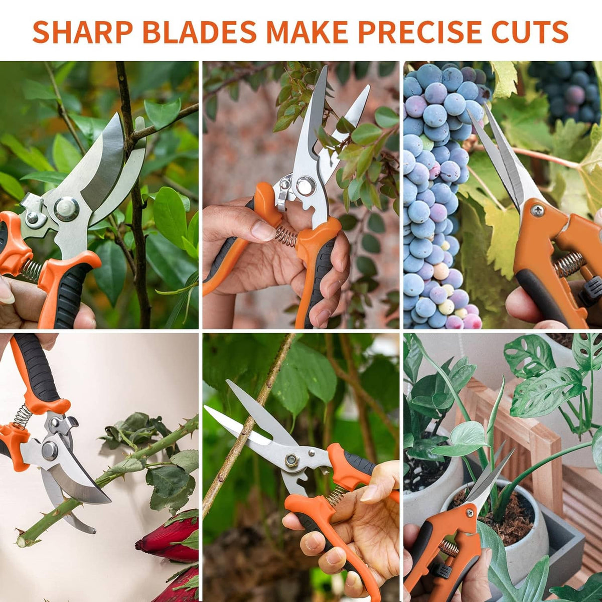 Handheld garden pruning shears, orange-and-black grip, stainless steel blades