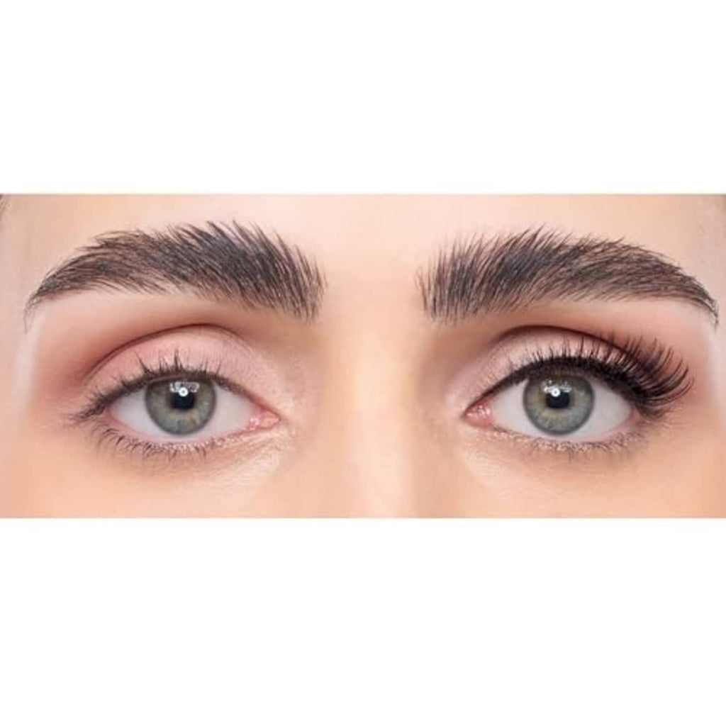 Black synthetic 3/4 length pre-glued false eyelashes on model for a natural lash look