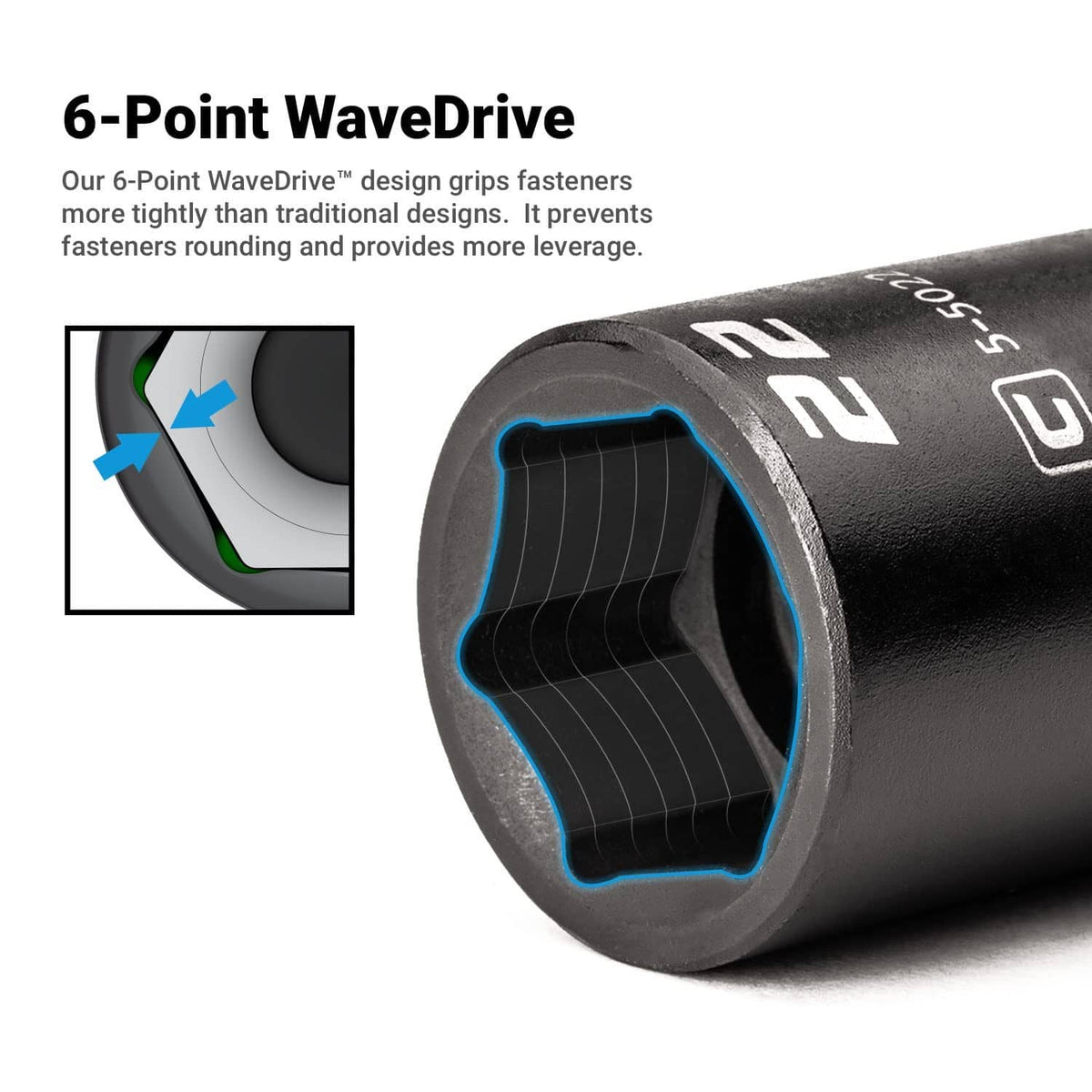 6-point impact socket, black with chamfered drive opening and recessed interior