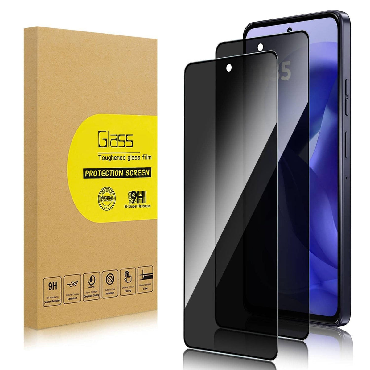 Privacy tempered glass screen protector set for smartphone, two film layers shown