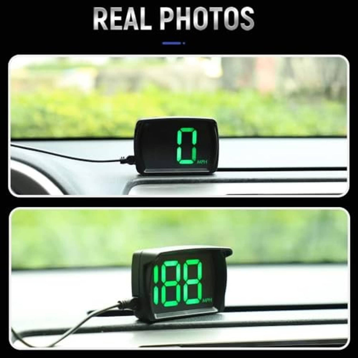 Black HUD GPS speedometer on dashboard with green MPH digits showing speed