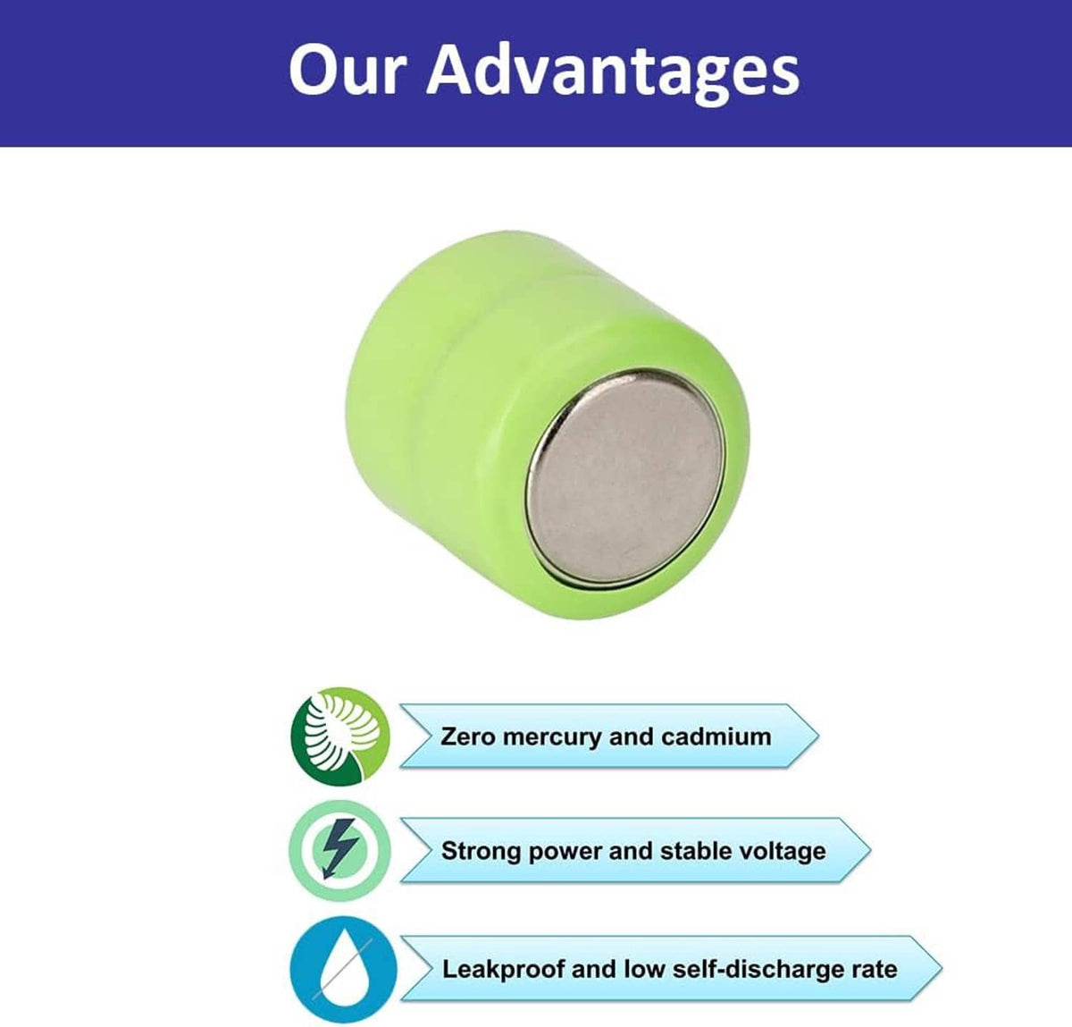 Green CR1/3N alkaline battery with silver metal end cap, side view
