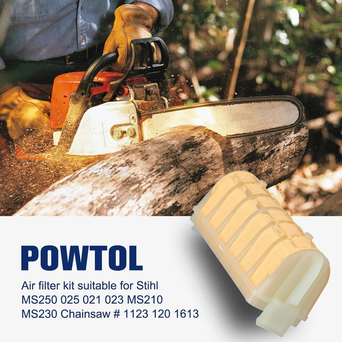 Air filter kit cartridge and plastic housing held near an orange chainsaw.