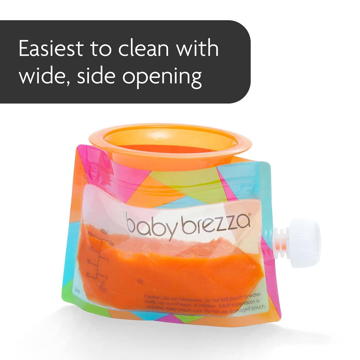 Reusable baby food pouch with wide side opening, colorful exterior and orange puree, white cap
