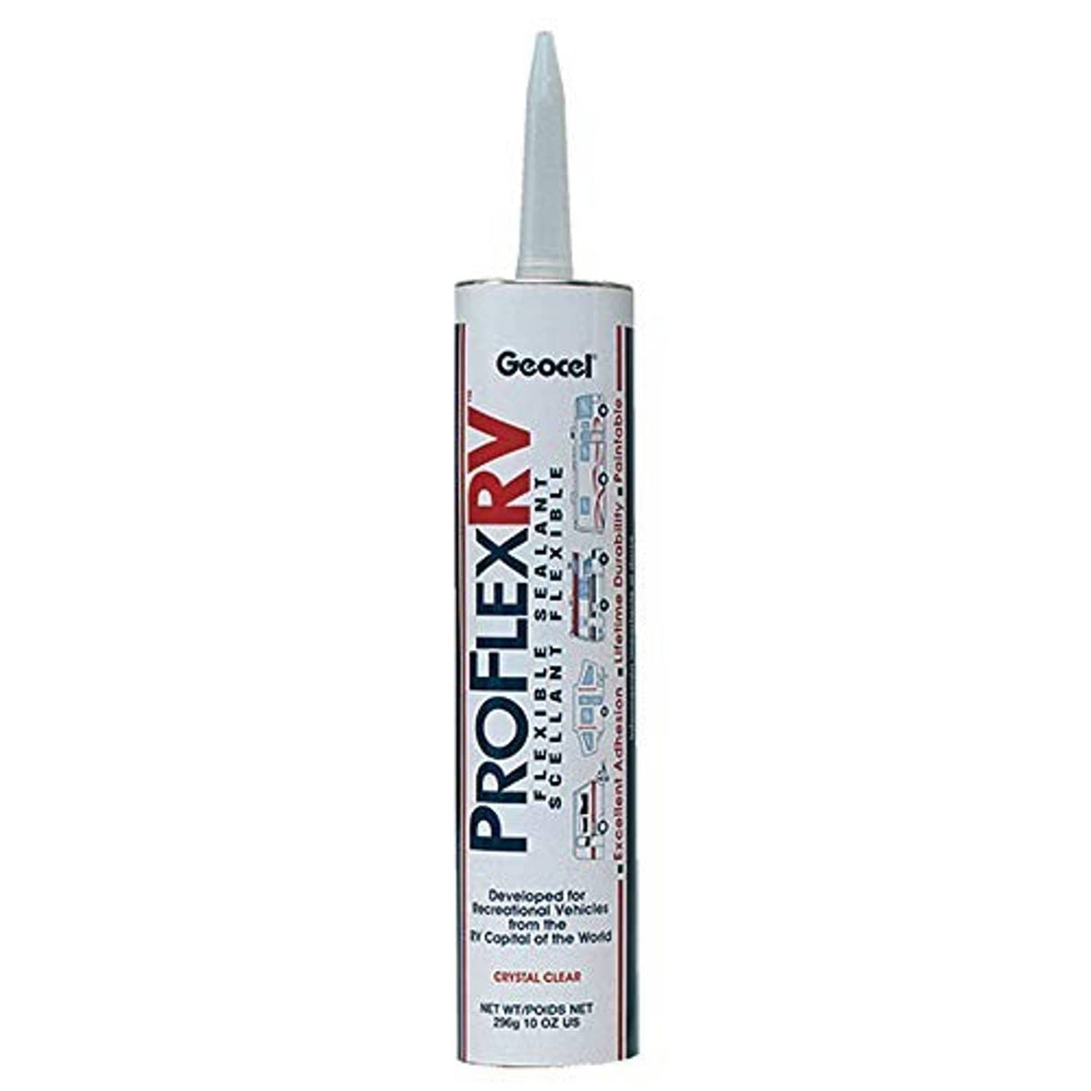 Clear flexible sealant cartridge with Geocel branding and pointed tip