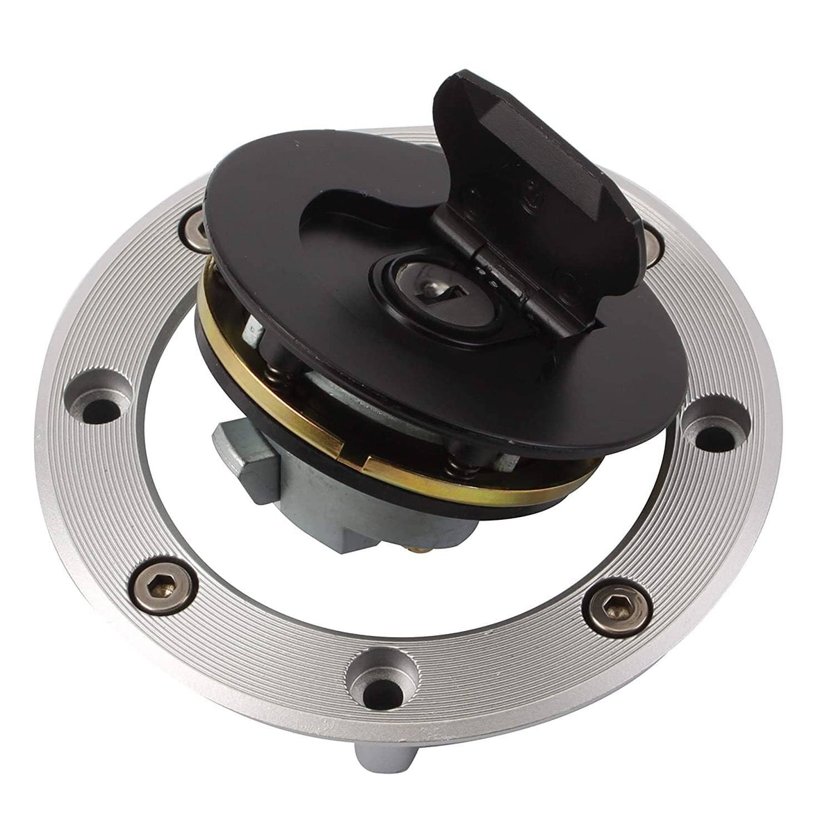 Fuel gas cap with circular silver bezel and black locking knob, plus mounting screws