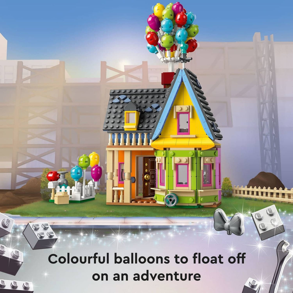 LEGO Up house model with multicolor balloon bunch and colorful front windows