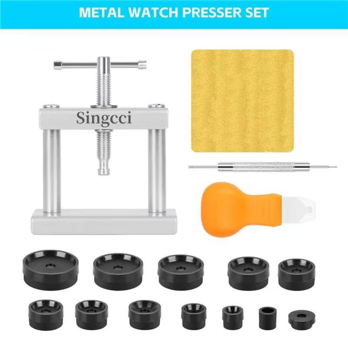 Metal watch press tool set with yellow cloth pad, orange press tip, and black molds