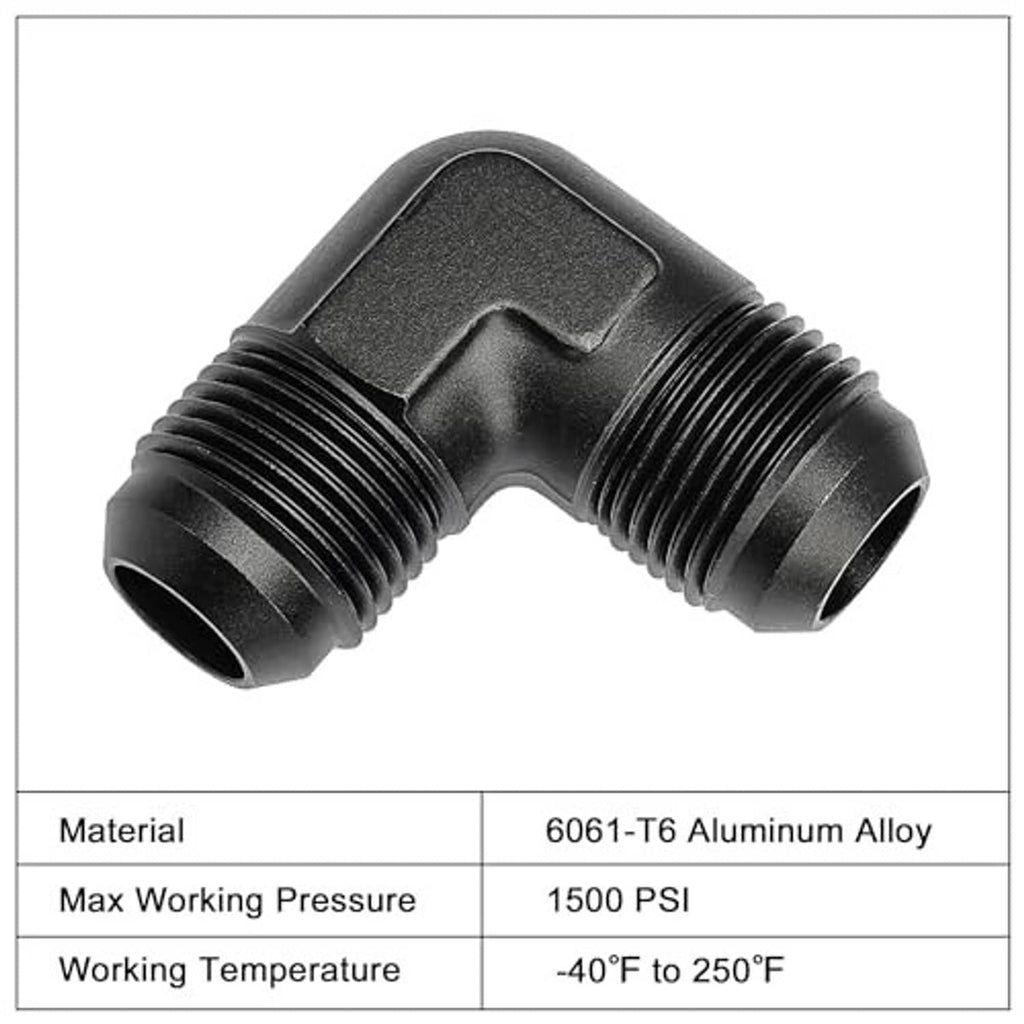 90-degree AN male-to-male flare union coupler, black, 6061-T6 aluminum alloy