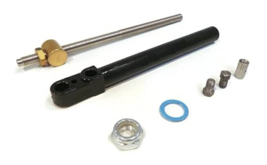 Shift actuator bracket with rod, brass fittings, nuts, washers, and blue O-ring.