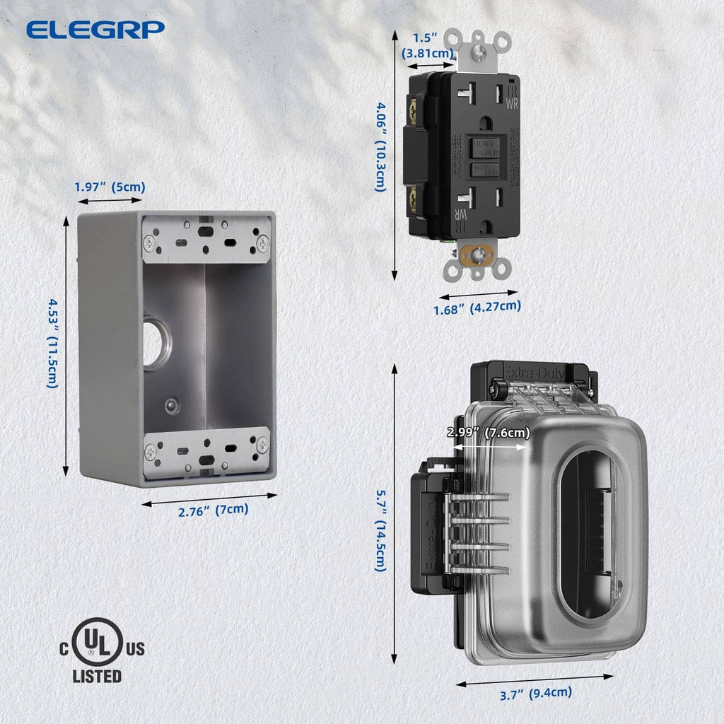 Weatherproof GFCI outlet and cover with size measurements shown on components