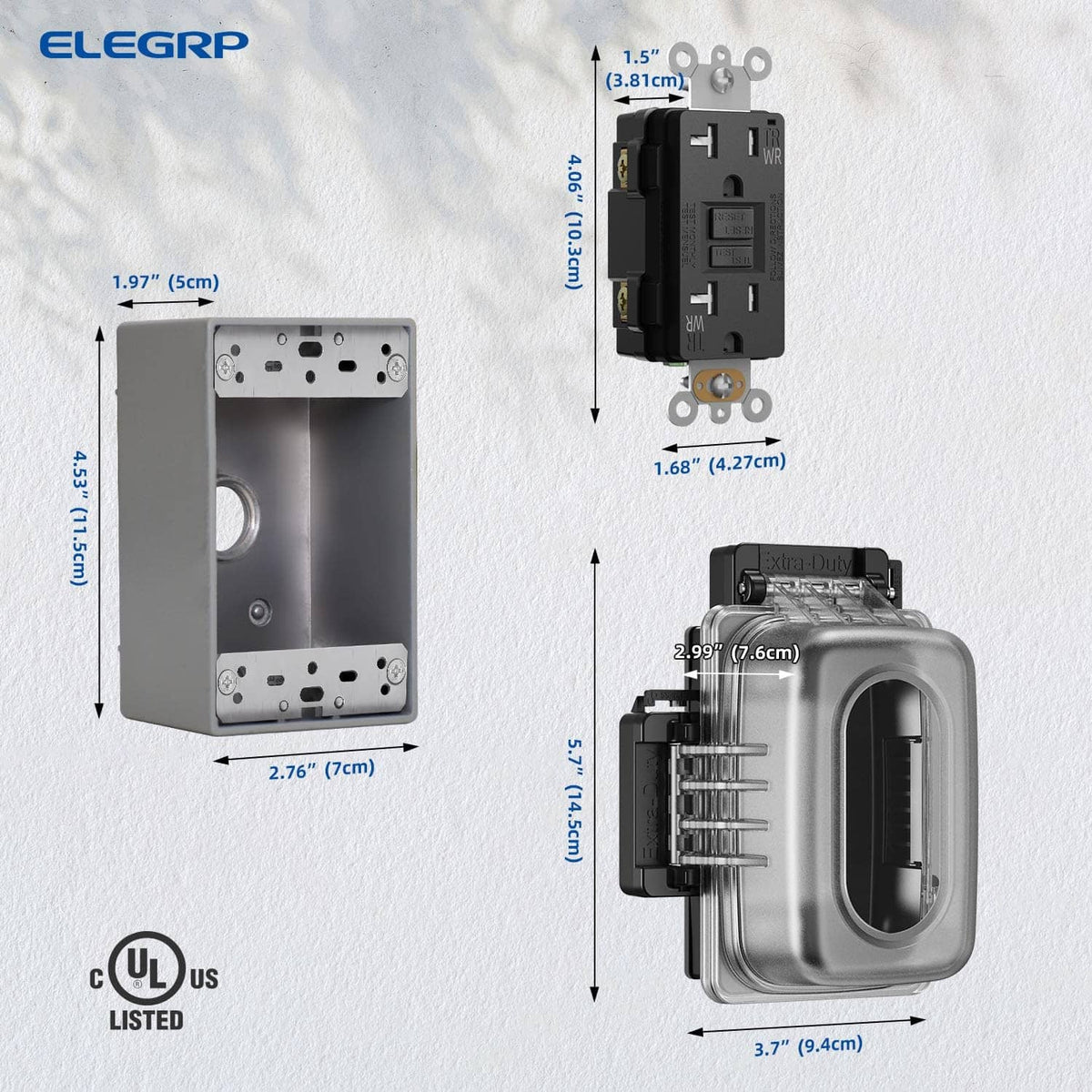 Weatherproof GFCI outlet and cover with size measurements shown on components