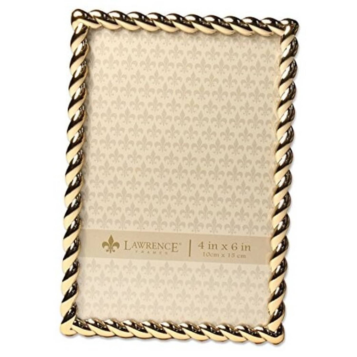 Gold rope-design metal photo frame with beige damask mat, 4x6 size.