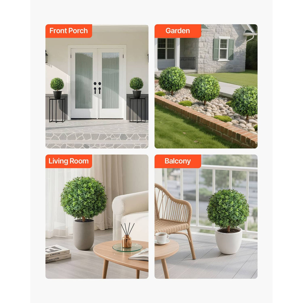 Artificial topiary trees with rounded green foliage shown in pots for indoor and outdoor