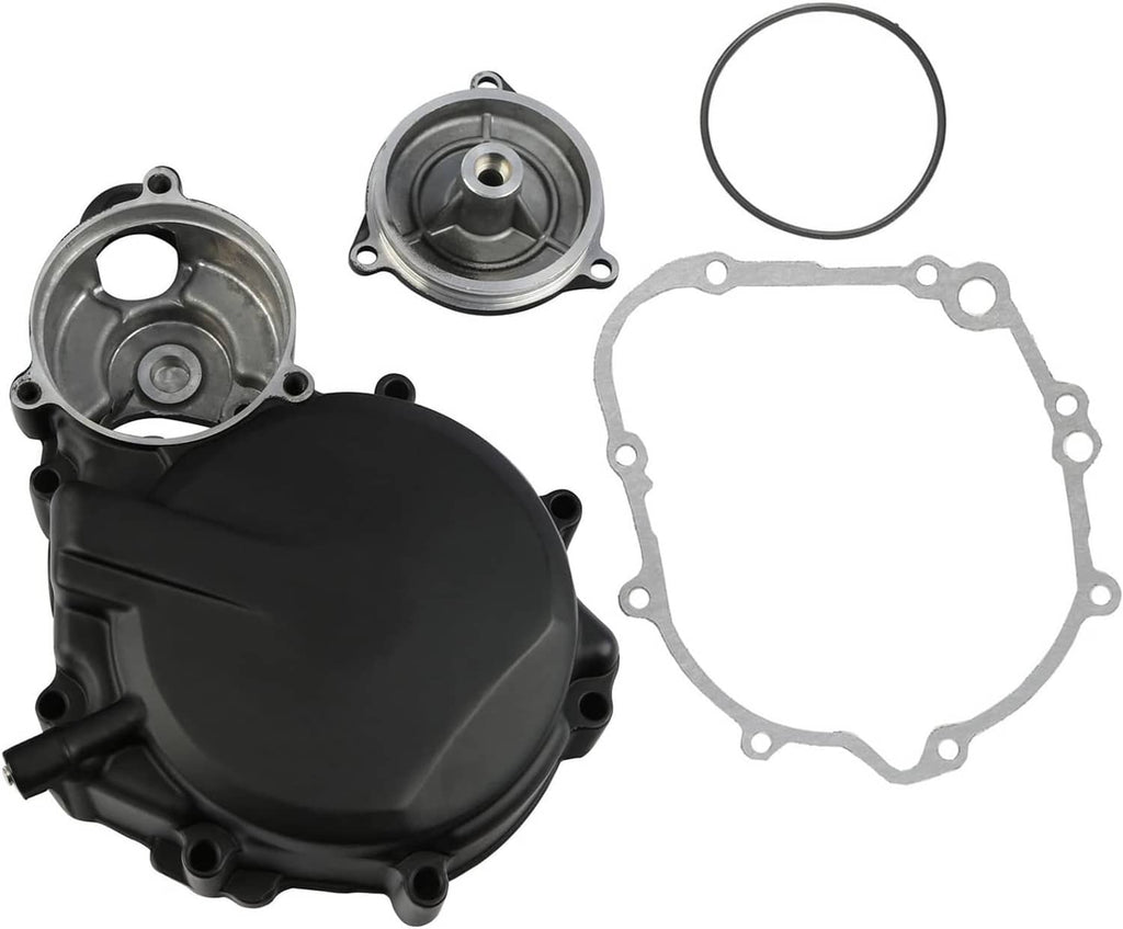 Black engine cover with round silver cap, gasket, and O-ring