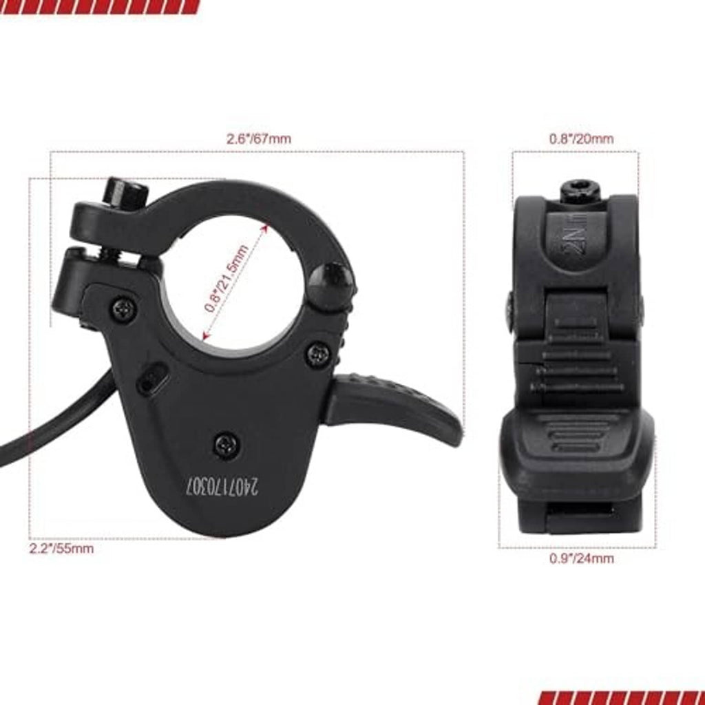 Black thumb throttle with adjustable clamp; side view with measurement details